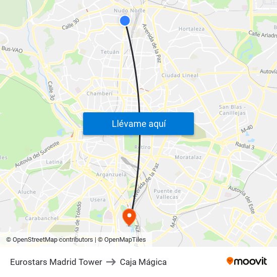 Eurostars Madrid Tower to Caja Mágica map
