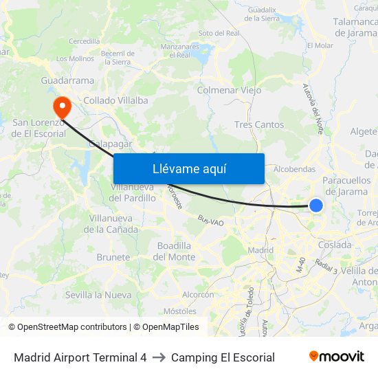 Madrid Airport Terminal 4 to Camping El Escorial map
