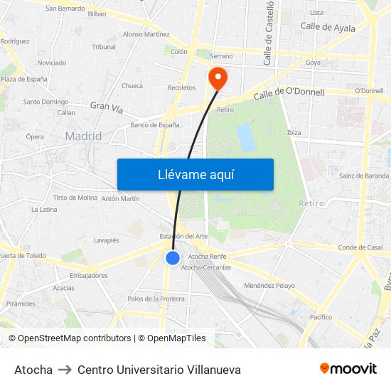 Atocha to Centro Universitario Villanueva map