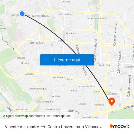 Vicente Aleixandre to Centro Universitario Villanueva map