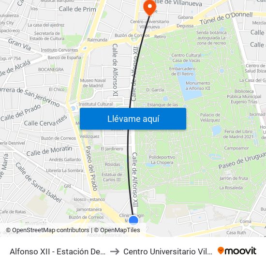 Alfonso XII - Estación De Atocha to Centro Universitario Villanueva map