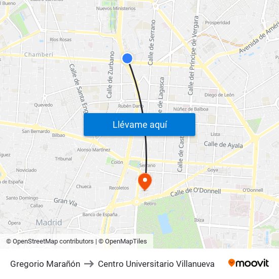 Gregorio Marañón to Centro Universitario Villanueva map