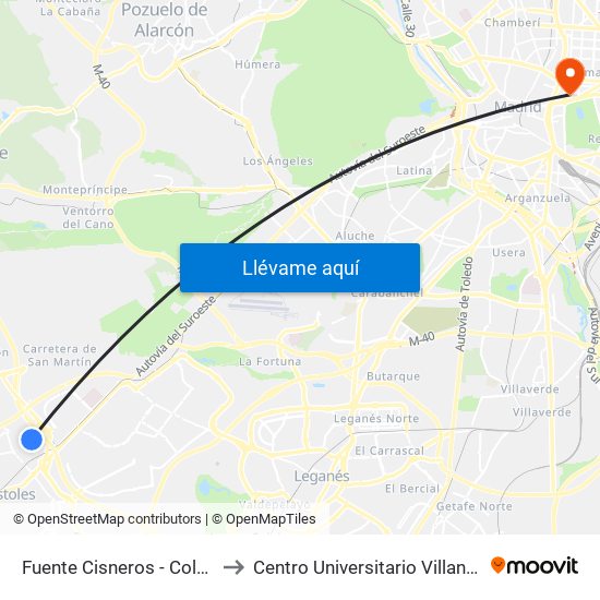 Fuente Cisneros - Colegio to Centro Universitario Villanueva map