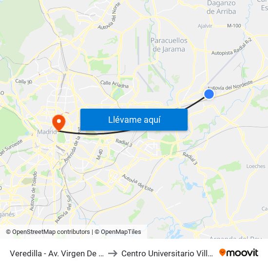 Veredilla - Av. Virgen De Loreto to Centro Universitario Villanueva map