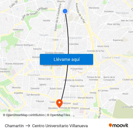 Chamartín to Centro Universitario Villanueva map