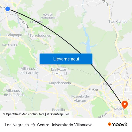 Los Negrales to Centro Universitario Villanueva map