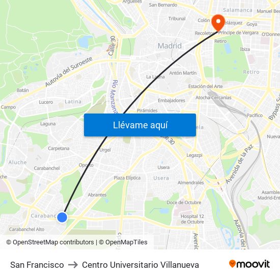 San Francisco to Centro Universitario Villanueva map
