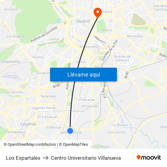 Los Espartales to Centro Universitario Villanueva map
