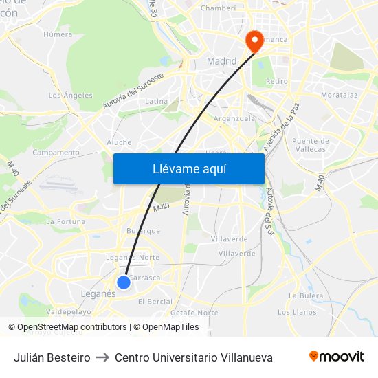 Julián Besteiro to Centro Universitario Villanueva map