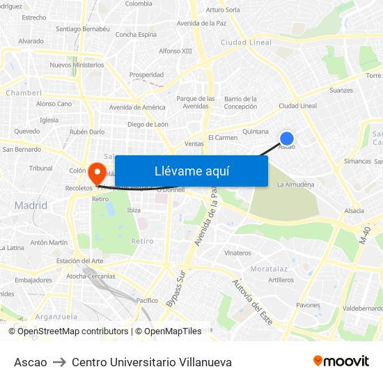 Ascao to Centro Universitario Villanueva map