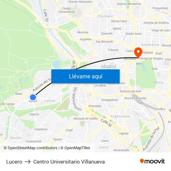 Lucero to Centro Universitario Villanueva map