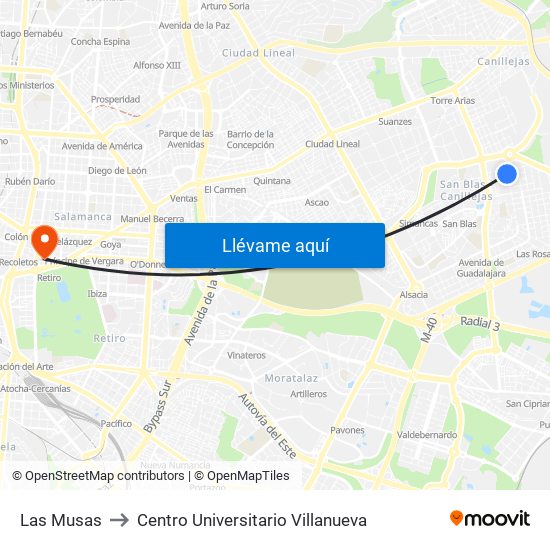 Las Musas to Centro Universitario Villanueva map