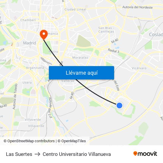 Las Suertes to Centro Universitario Villanueva map