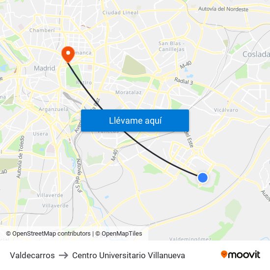 Valdecarros to Centro Universitario Villanueva map