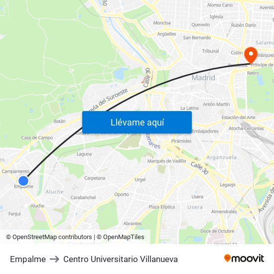 Empalme to Centro Universitario Villanueva map