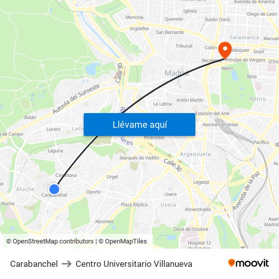 Carabanchel to Centro Universitario Villanueva map