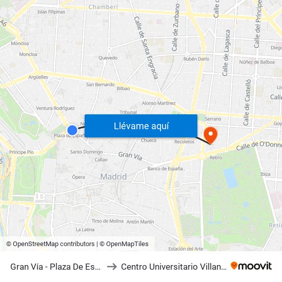 Gran Vía - Plaza De España to Centro Universitario Villanueva map