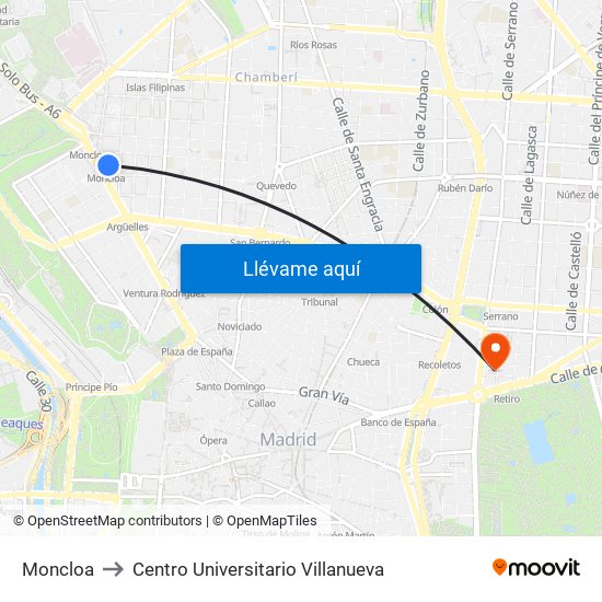 Moncloa to Centro Universitario Villanueva map
