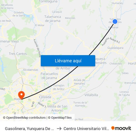 Gasolinera, Yunquera De Henares to Centro Universitario Villanueva map