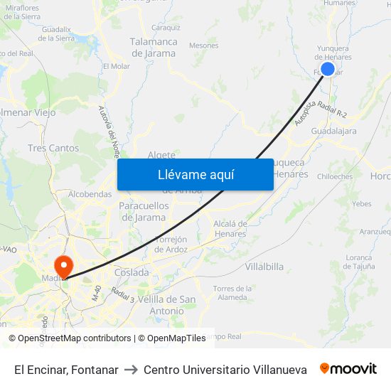 El Encinar, Fontanar to Centro Universitario Villanueva map
