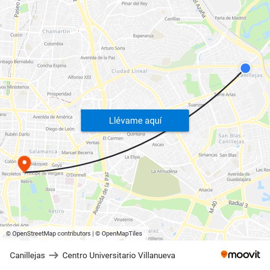 Canillejas to Centro Universitario Villanueva map