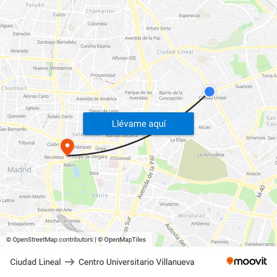 Ciudad Lineal to Centro Universitario Villanueva map