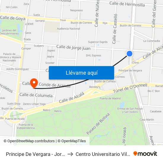 Príncipe De Vergara - Jorge Juan to Centro Universitario Villanueva map