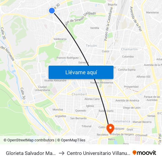 Glorieta Salvador Maella to Centro Universitario Villanueva map