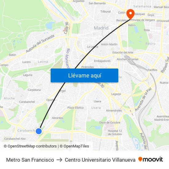 Metro San Francisco to Centro Universitario Villanueva map