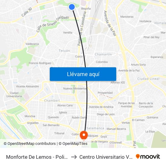 Monforte De Lemos - Polideportivo to Centro Universitario Villanueva map