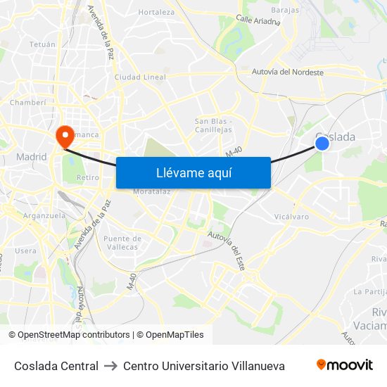 Coslada Central to Centro Universitario Villanueva map