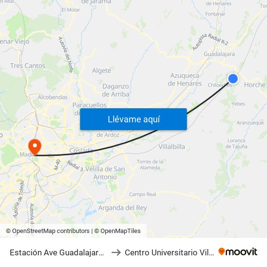 Estación Ave Guadalajara - Yebes to Centro Universitario Villanueva map