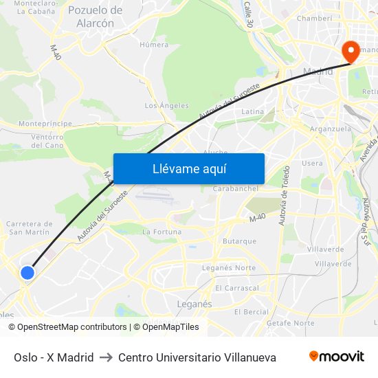 Oslo - X Madrid to Centro Universitario Villanueva map