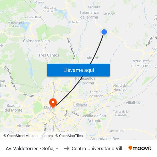 Av. Valdetorres - Sofía, El Casar to Centro Universitario Villanueva map