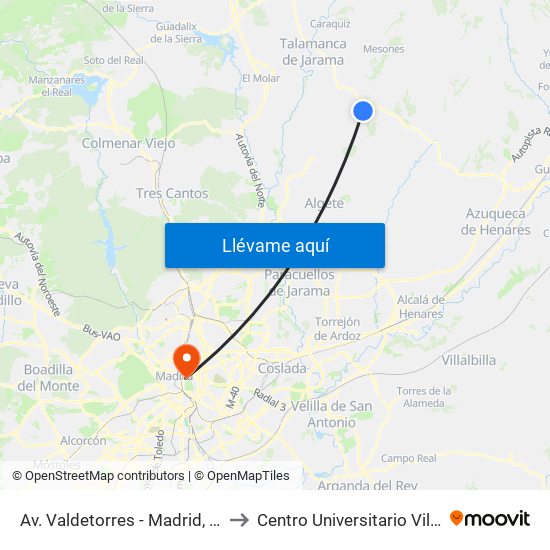 Av. Valdetorres - Madrid, El Casar to Centro Universitario Villanueva map