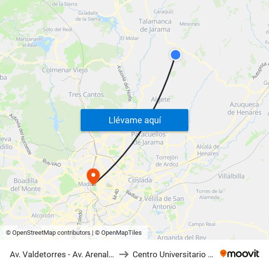 Av. Valdetorres - Av. Arenales, El Casar to Centro Universitario Villanueva map