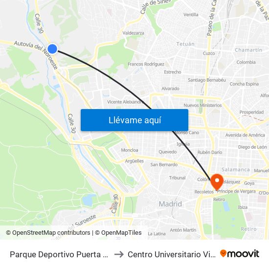 Parque Deportivo Puerta De Hierro to Centro Universitario Villanueva map