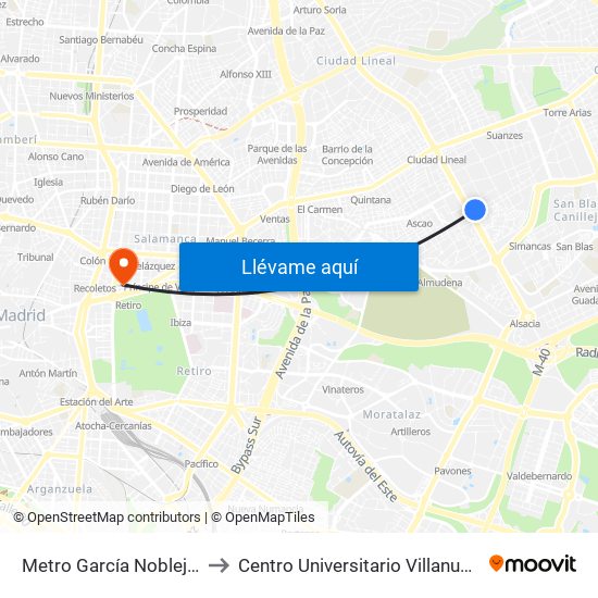 Metro García Noblejas to Centro Universitario Villanueva map