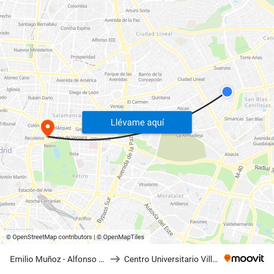 Emilio Muñoz - Alfonso Gómez to Centro Universitario Villanueva map