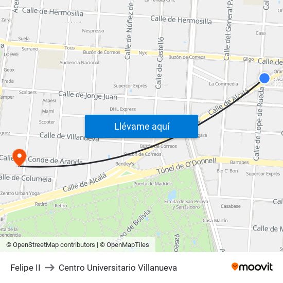 Felipe II to Centro Universitario Villanueva map