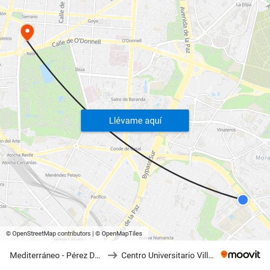 Mediterráneo - Pérez De Ayala to Centro Universitario Villanueva map