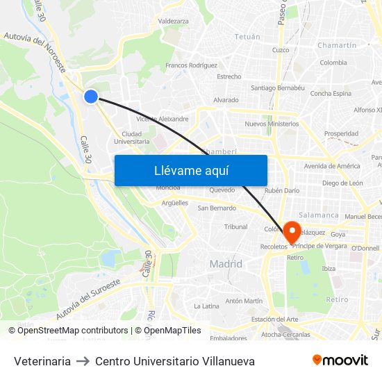 Veterinaria to Centro Universitario Villanueva map
