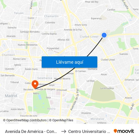 Avenida De América - Conde De Orgaz to Centro Universitario Villanueva map