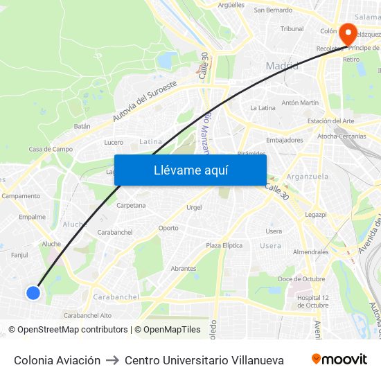 Colonia Aviación to Centro Universitario Villanueva map
