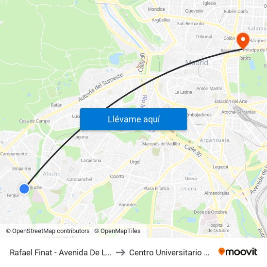 Rafael Finat - Avenida De Las Águilas to Centro Universitario Villanueva map