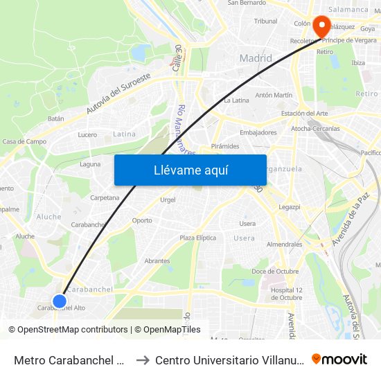 Metro Carabanchel Alto to Centro Universitario Villanueva map