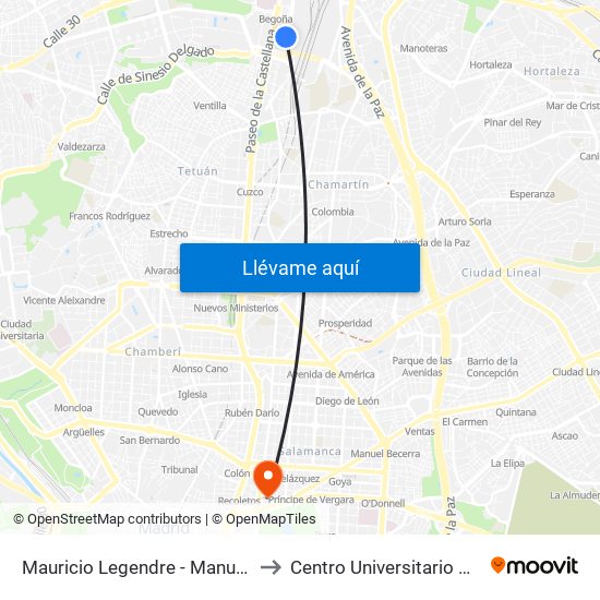 Mauricio Legendre - Manuel Caldeiro to Centro Universitario Villanueva map