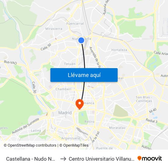 Castellana - Nudo Norte to Centro Universitario Villanueva map