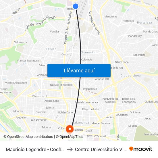 Mauricio Legendre - Cocheras Emt to Centro Universitario Villanueva map