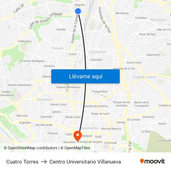 Cuatro Torres to Centro Universitario Villanueva map